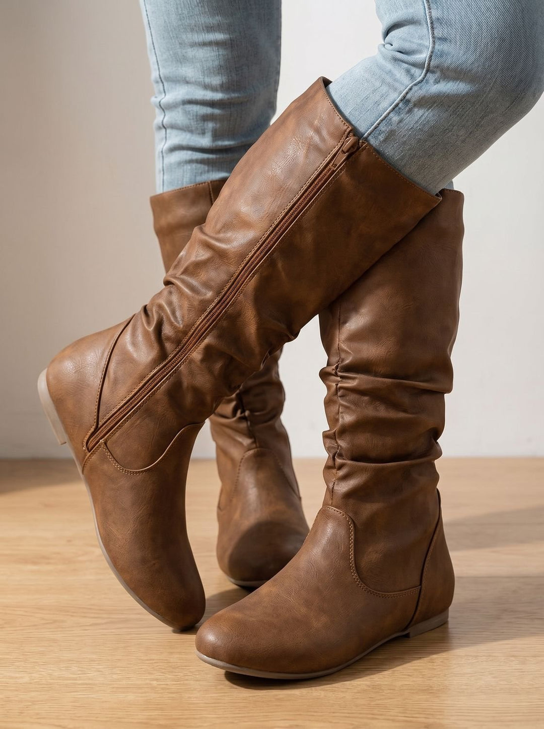 Women's Flat-Heel Slouchy Knee High Boots Round Toe