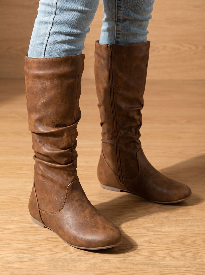 Women's Flat-Heel Slouchy Knee High Boots Round Toe - Light Brown