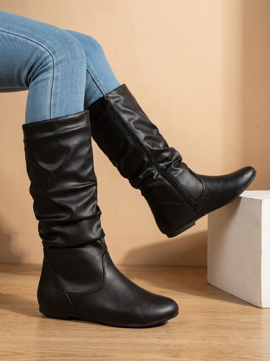 Women's Flat-Heel Slouchy Knee High Boots Round Toe