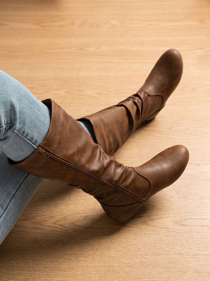 Women's Flat Knee High Boots Round-Toe Side-Zip Gathered Shaft