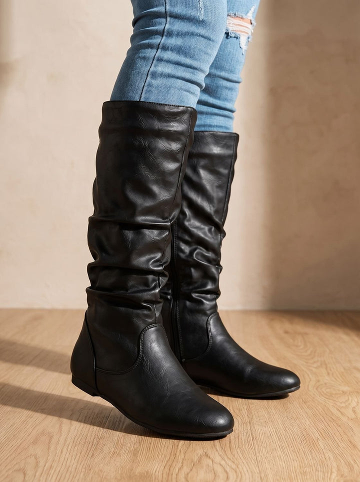 Women's Flat Knee High Boots Round-Toe Side-Zip Gathered Shaft - Black
