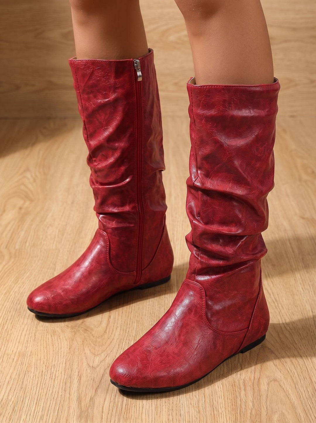 Women's Flat Knee High Boots Round-Toe Side-Zip Gathered Shaft