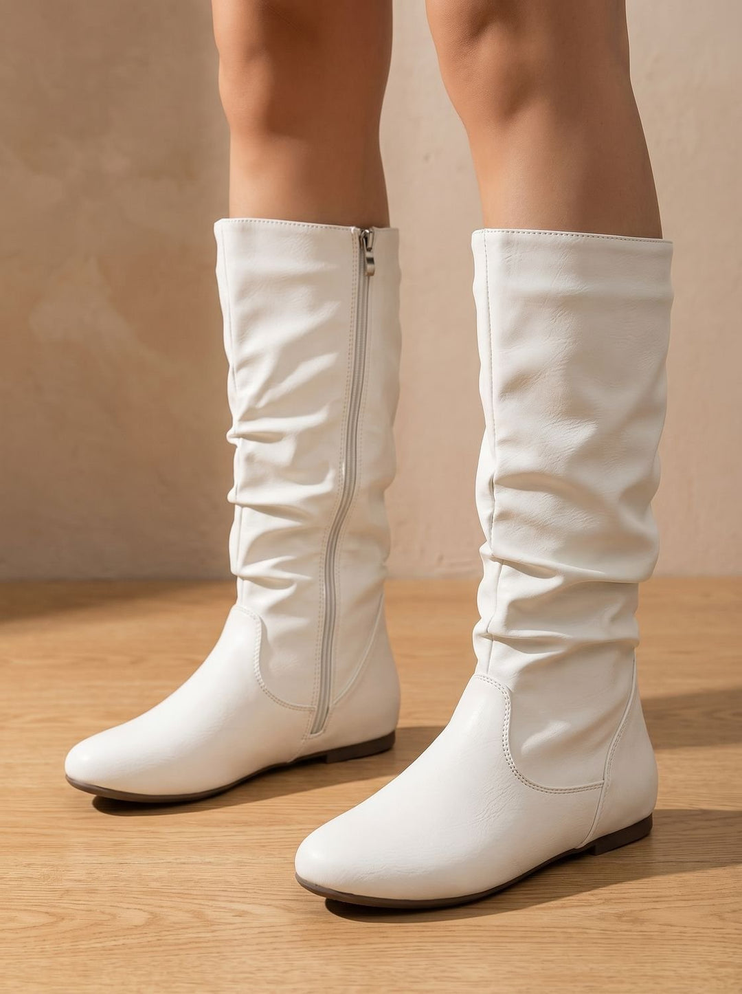 Women's Flat Knee High Boots Round-Toe Side-Zip Gathered Shaft