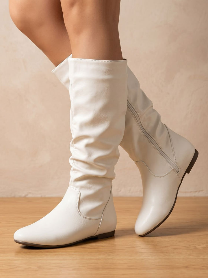 Women's Flat Knee High Boots Round-Toe Side-Zip Gathered Shaft
