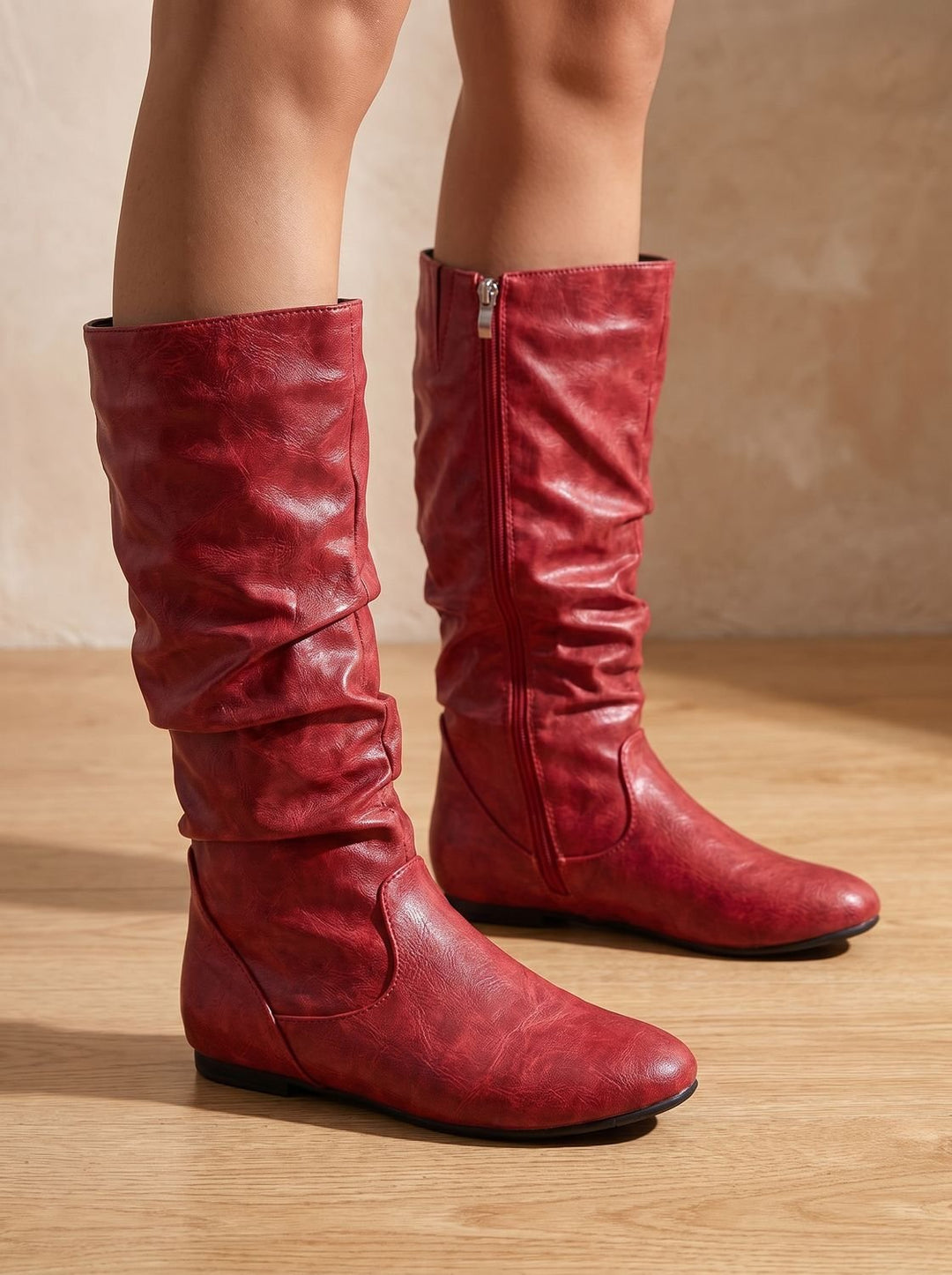 Women's Flat Knee High Boots Round-Toe Side-Zip Gathered Shaft