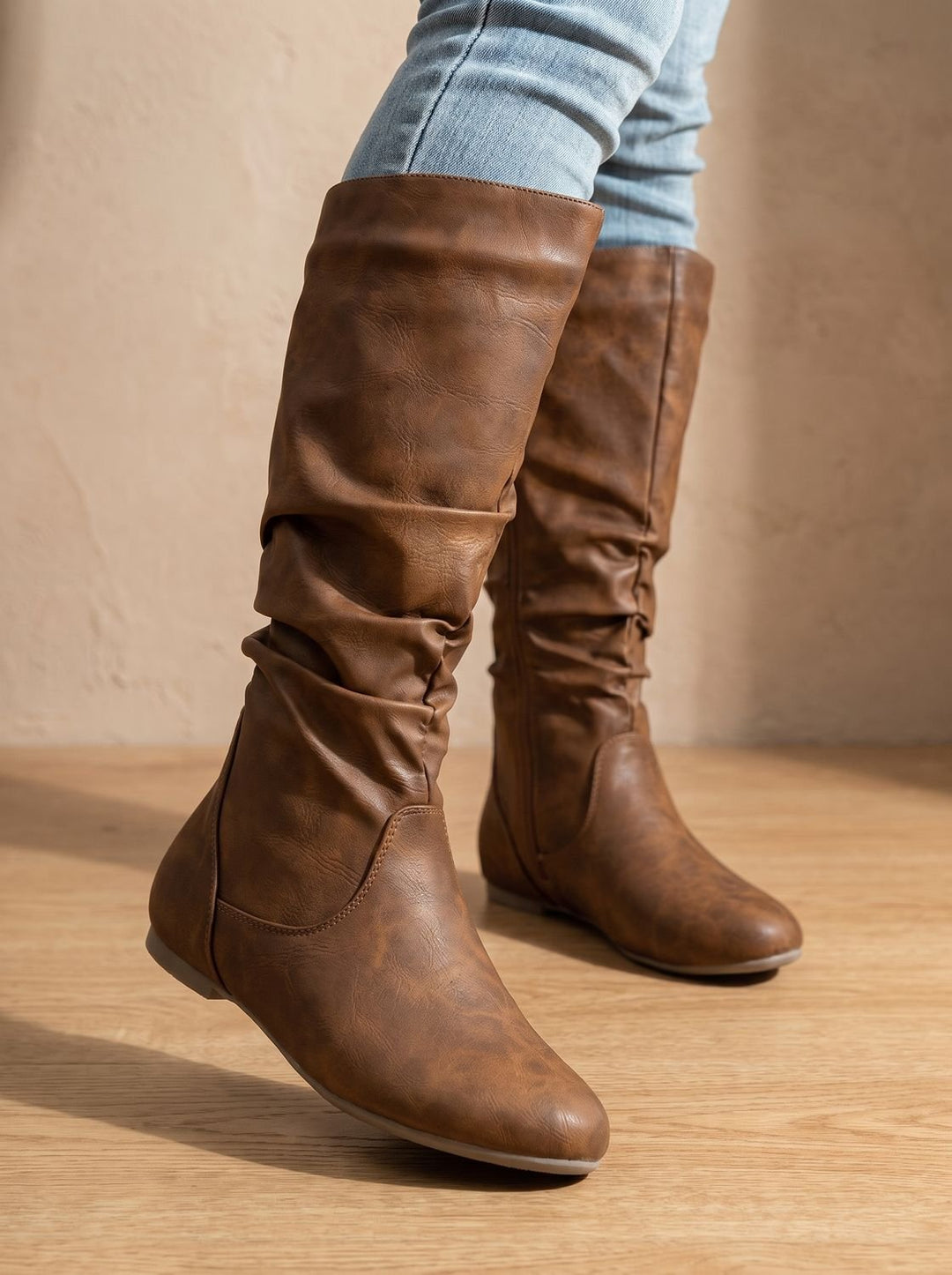 Women's Flat Knee High Boots Round-Toe Side-Zip Gathered Shaft