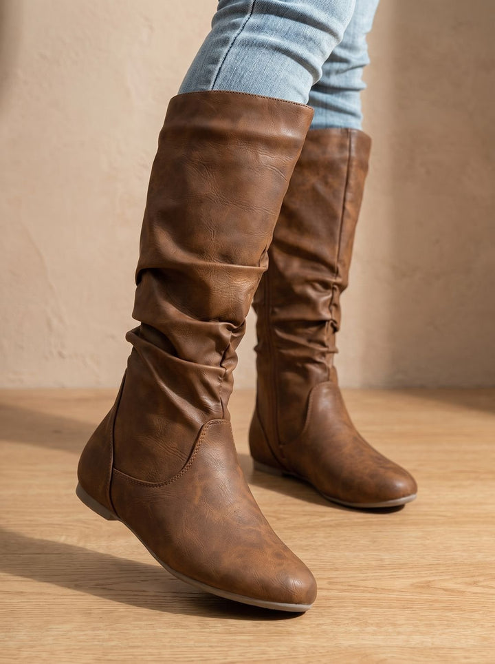 Women's Flat Knee High Boots Round-Toe Side-Zip Gathered Shaft
