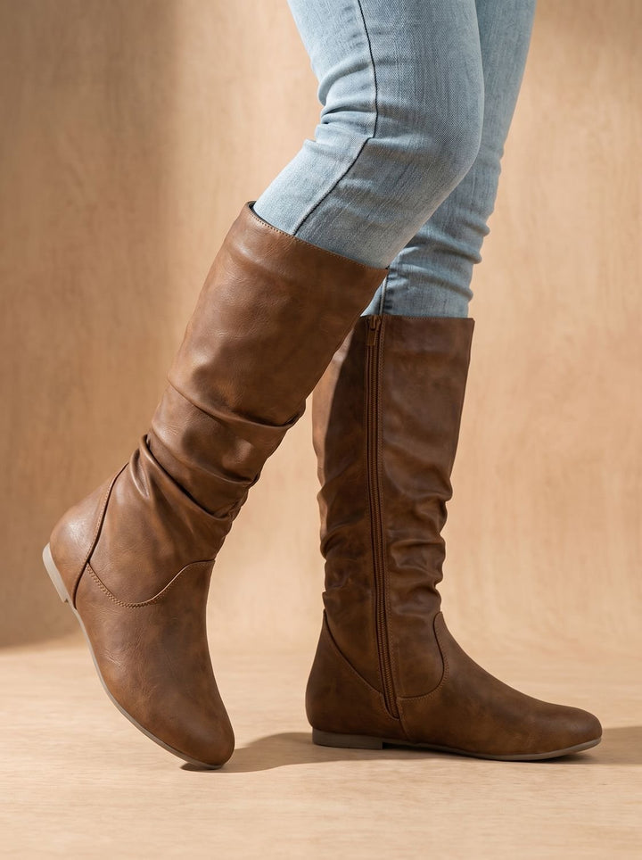 Women's Flat Knee High Boots Round-Toe Side-Zip Gathered Shaft