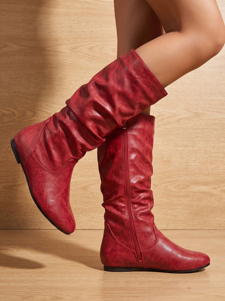 Women's Flat Knee High Boots Round-Toe Side-Zip Gathered Shaft