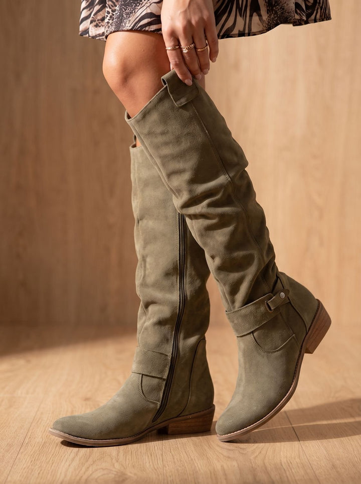 Women's Flat Knee High Boots Slouchy Suede Side-Zip - Green