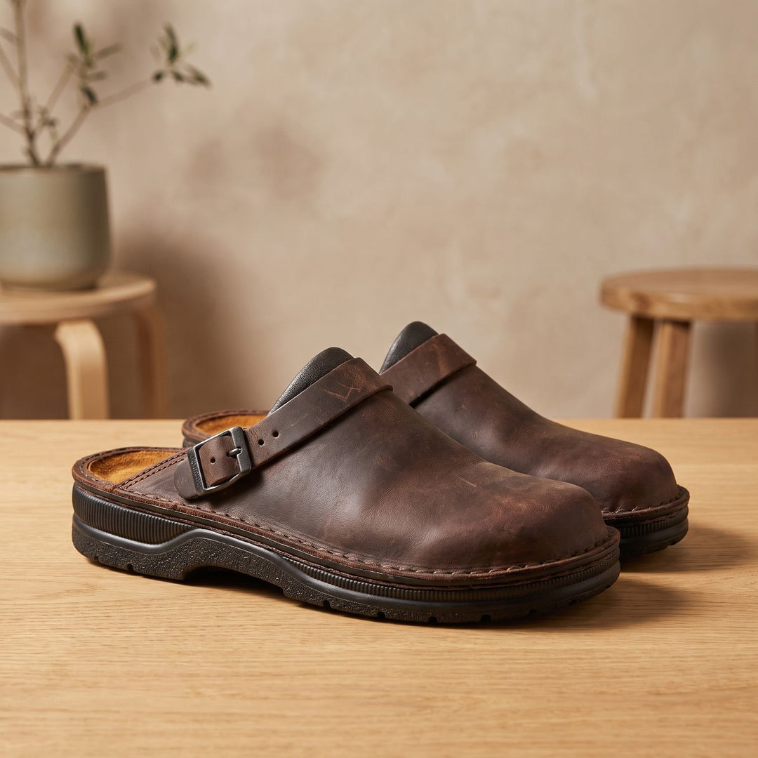 Women's Flat Leather Buckle-Strap Slip-On Mule Clogs