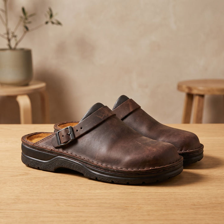 Women's Flat Leather Buckle-Strap Slip-On Mule Clogs
