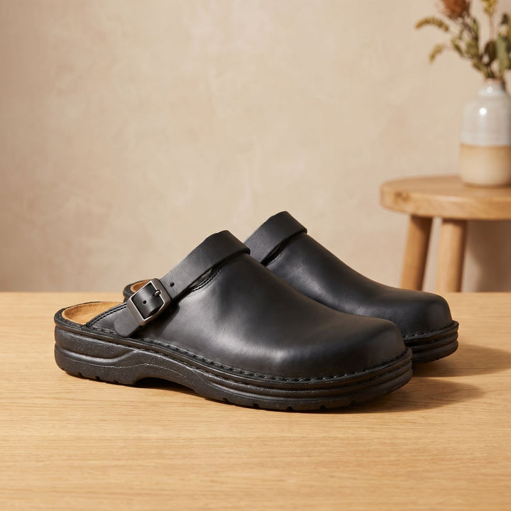 Women's Flat Leather Buckle-Strap Slip-On Mule Clogs