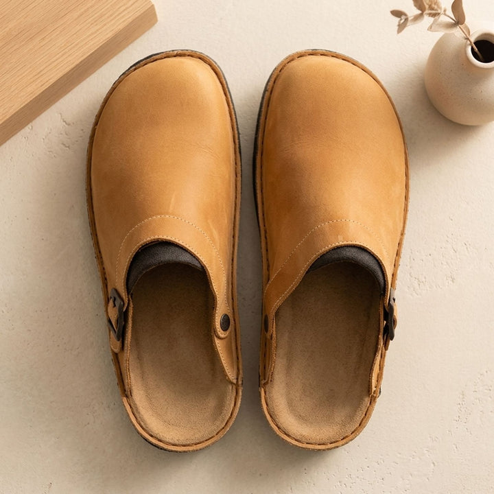 Women's Flat Leather Buckle-Strap Slip-On Mule Clogs