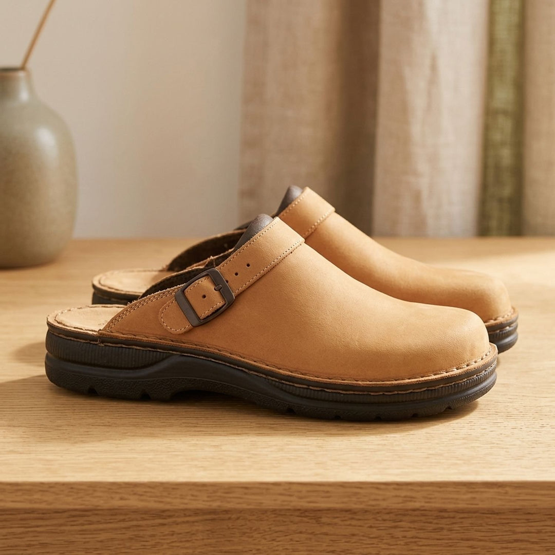 Women's Flat Leather Buckle-Strap Slip-On Mule Clogs - Beige