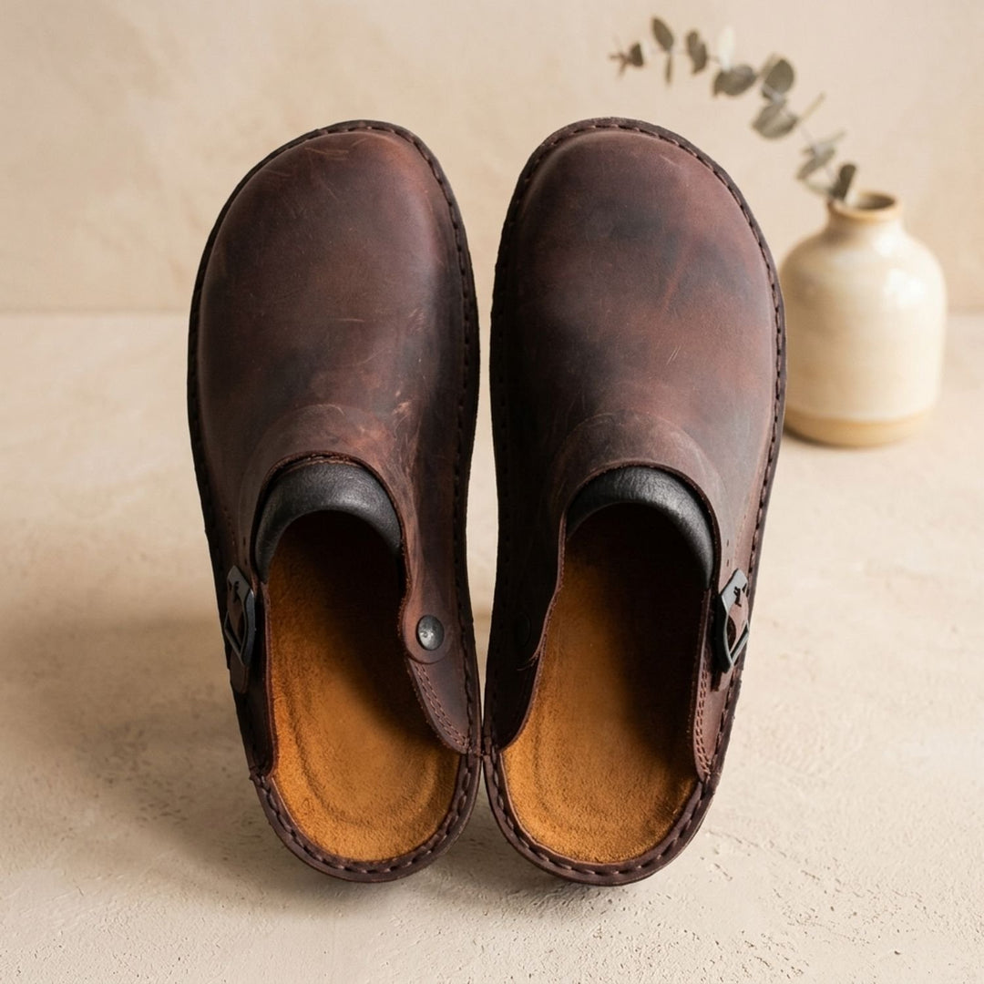 Women's Flat Leather Buckle-Strap Slip-On Mule Clogs - Dark Brown