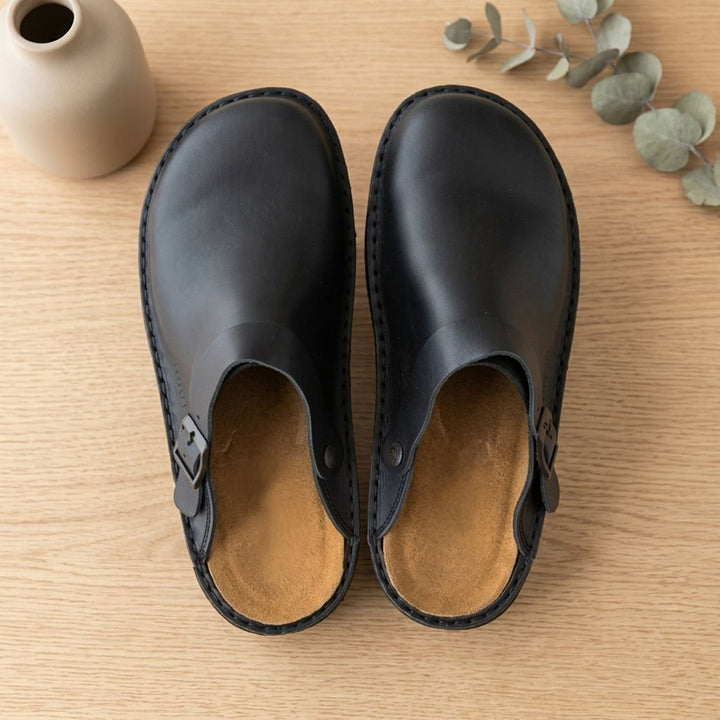 Women's Flat Leather Buckle-Strap Slip-On Mule Clogs - Black
