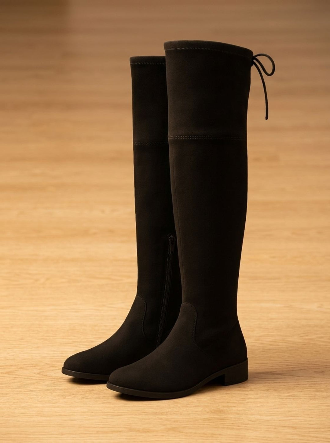 Women's Flat Over-the-Knee Suede Side-Zip Boots - Black