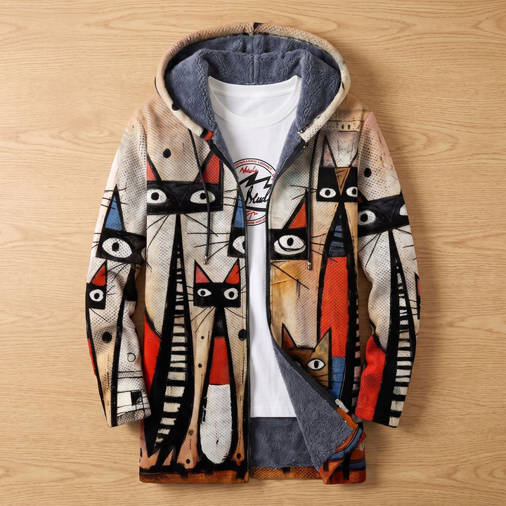 Women's Fleece-Lined Hooded Abstract Cat Print Zip-Up Jacket - Multicolor