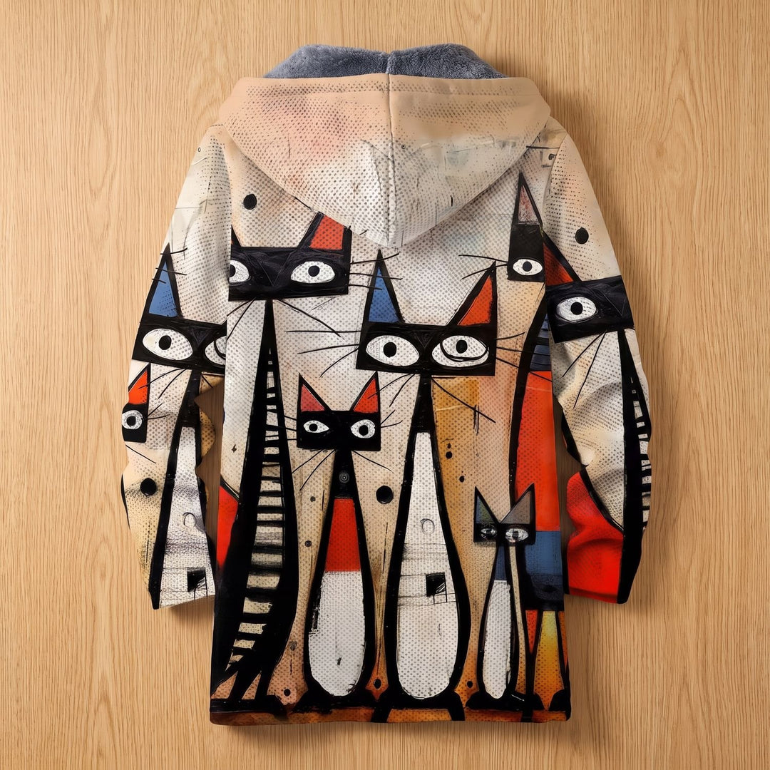 Women's Fleece-Lined Hooded Abstract Cat Print Zip-Up Jacket