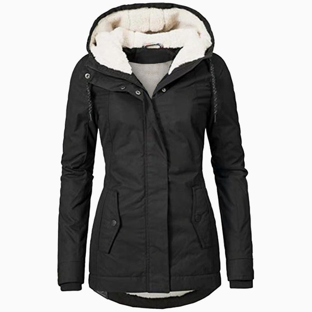 Women's Fleece Lined Hooded Parka Jacket Drawstring Curved Hem - Black
