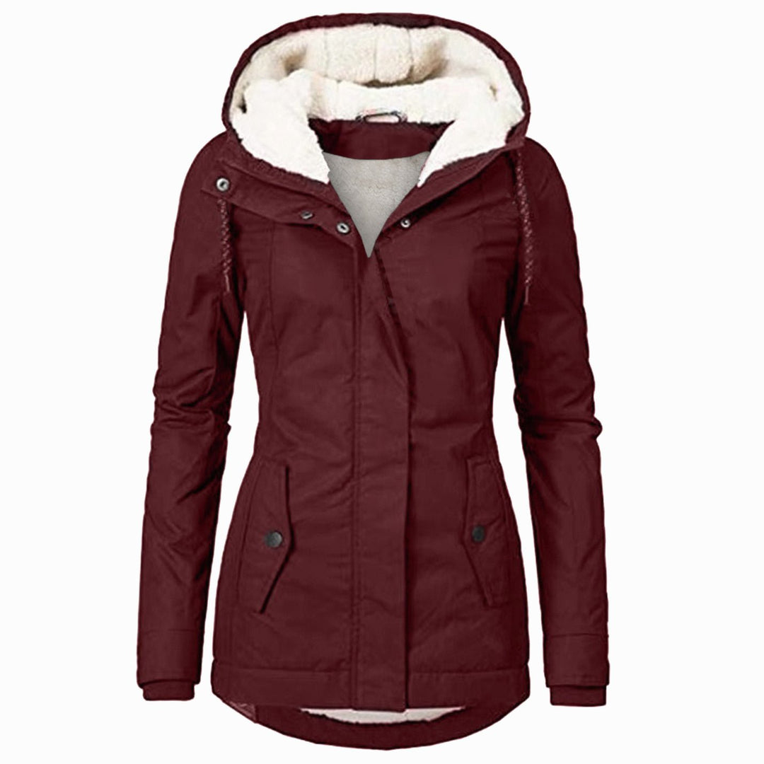 Women's Fleece Lined Hooded Parka Jacket Drawstring Curved Hem - Burgundy