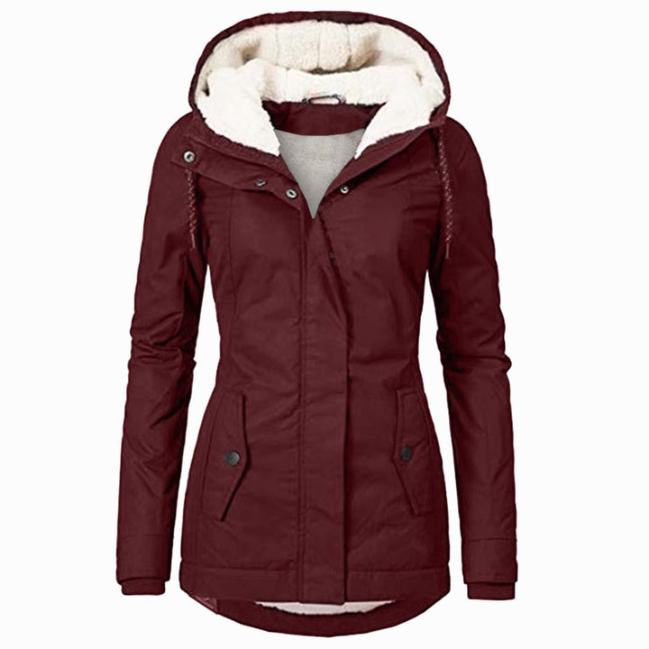 Women's Fleece Lined Hooded Parka Jacket Drawstring Curved Hem - Burgundy