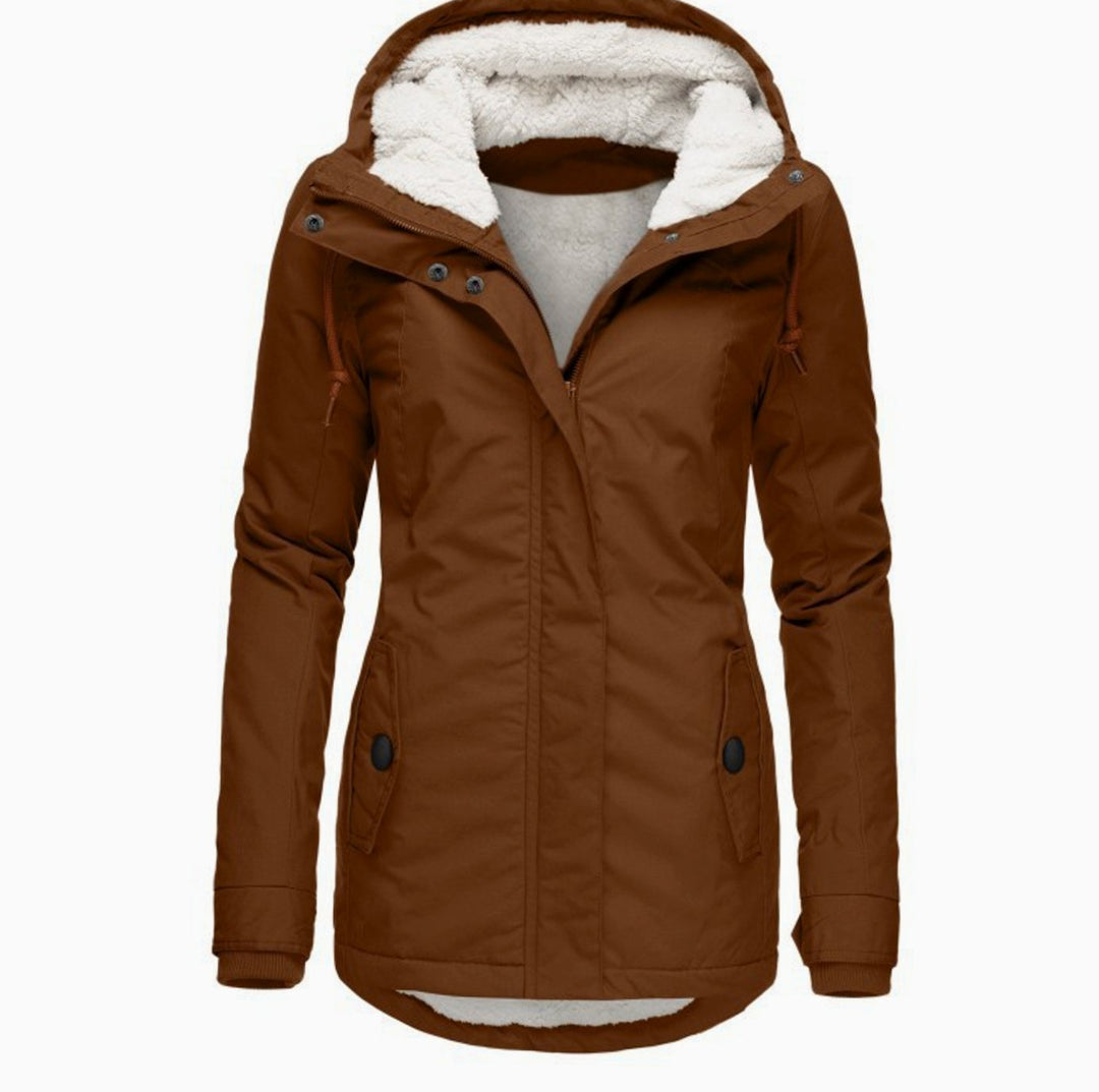 Women's Fleece Lined Hooded Parka Jacket Drawstring Curved Hem - Brown
