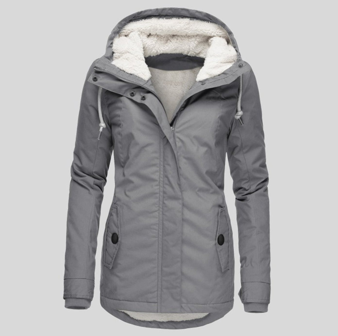 Women's Fleece Lined Hooded Parka Jacket Drawstring Curved Hem - Gray