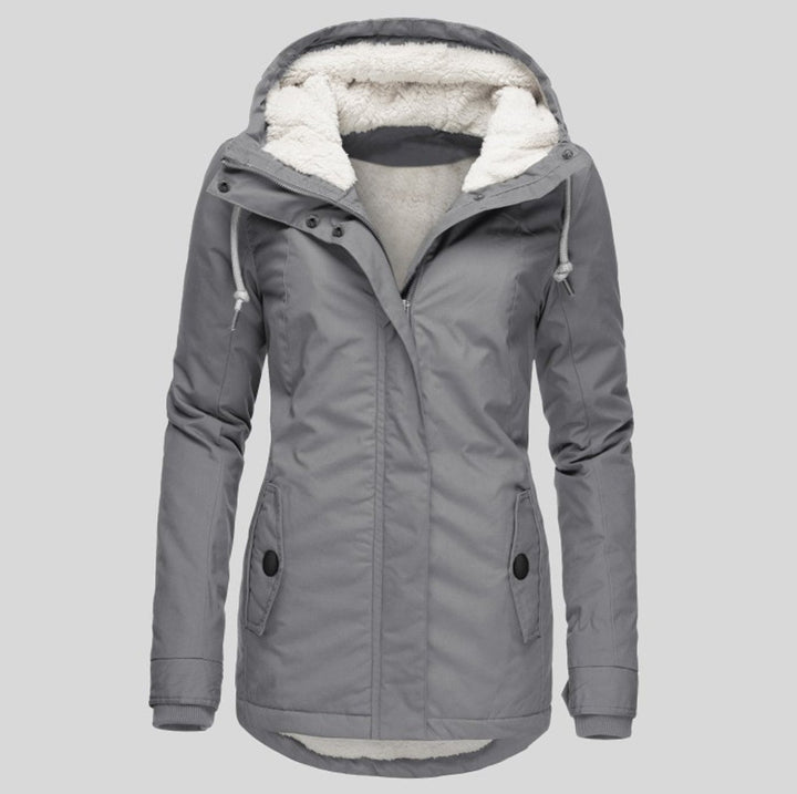 Women's Fleece Lined Hooded Parka Jacket Drawstring Curved Hem - Gray