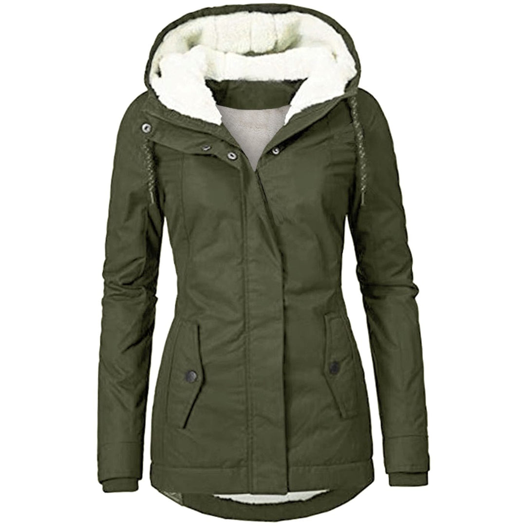 Women's Fleece Lined Hooded Parka Jacket Drawstring Curved Hem - Army Green