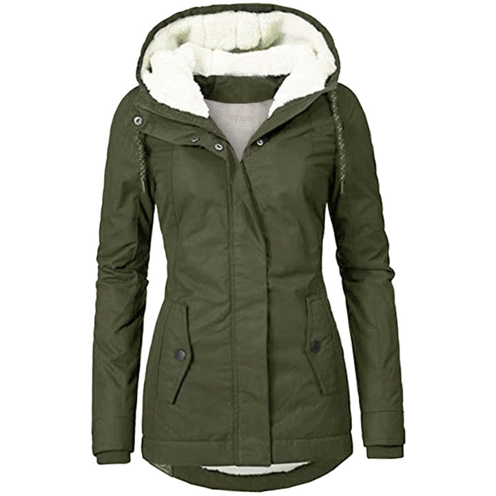 Women's Fleece Lined Hooded Parka Jacket Drawstring Curved Hem - Army Green