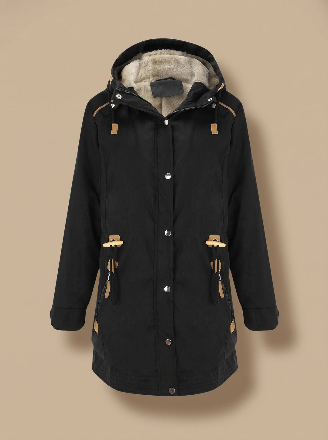 Women's Fleece-Lined Hooded Parka Winter Coat Adjustable Waist - Black