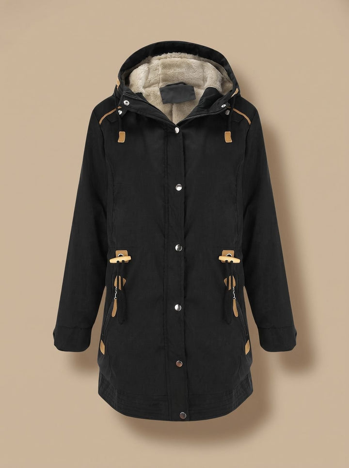 Women's Fleece-Lined Hooded Parka Winter Coat Adjustable Waist - Black