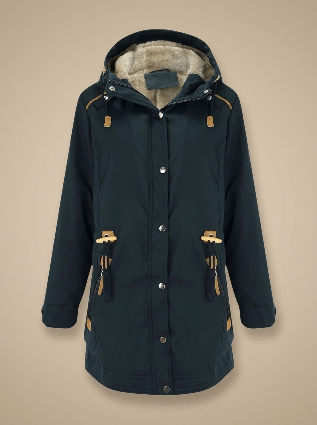 Women's Fleece-Lined Hooded Parka Winter Coat Adjustable Waist - Navy Blue