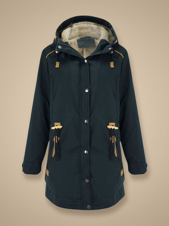 Women's Fleece-Lined Hooded Parka Winter Coat Adjustable Waist - Navy Blue