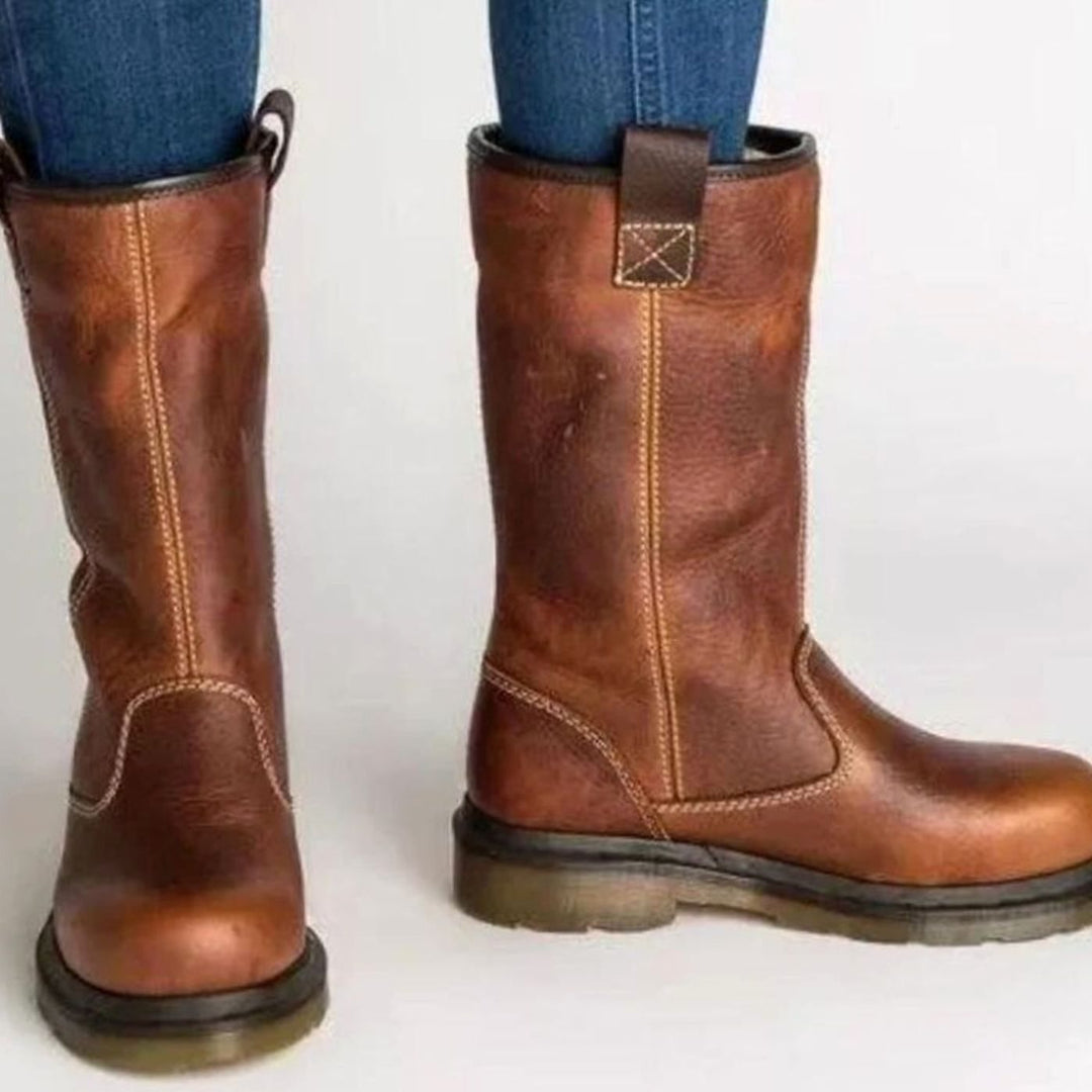 Women's Fleece-Lined Leather Slip-On Winter Boots - Brown