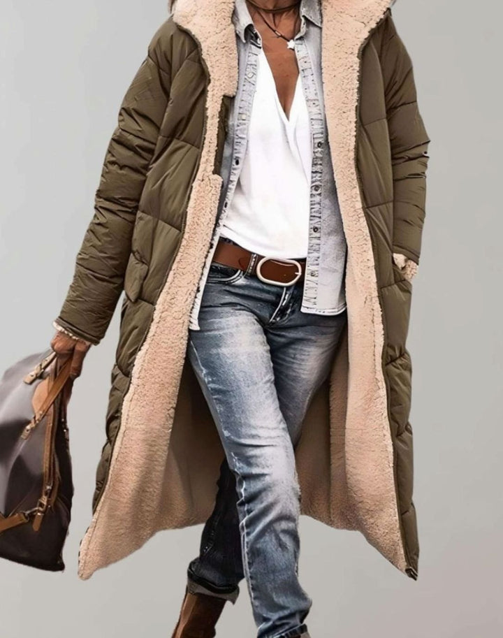 Women's Fleece-Lined Long Quilted Coat Hooded Puffer Jacket - Army