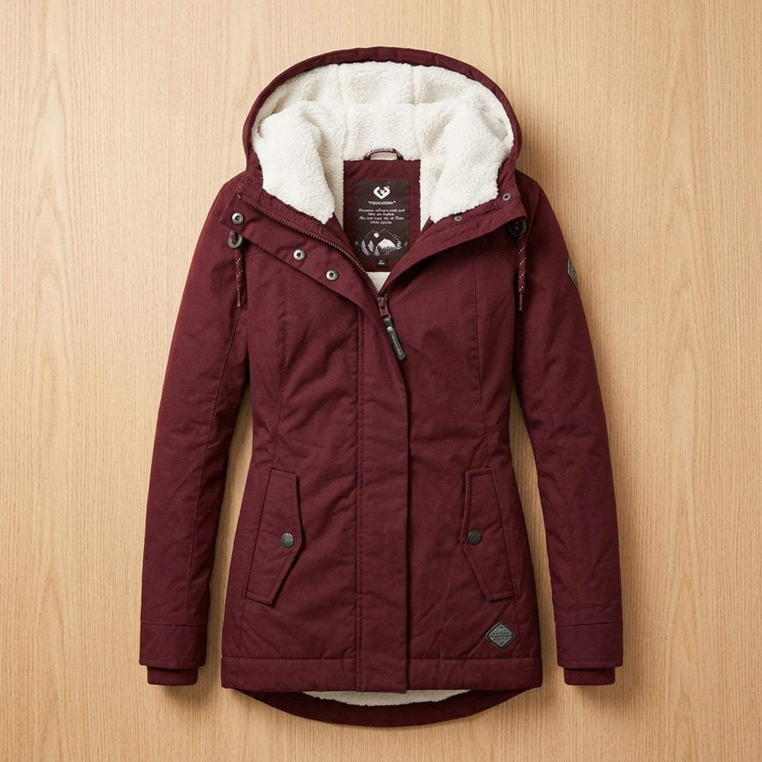 Women's Fleece-Lined Quilted Hooded Parka Winter Coat - Red