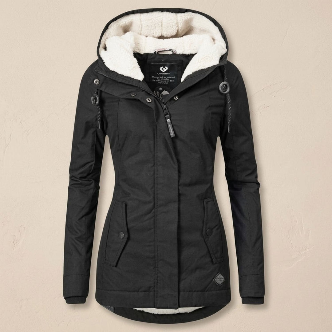 Women's Fleece-Lined Quilted Hooded Parka Winter Coat - Black