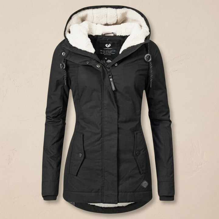 Women's Fleece-Lined Quilted Hooded Parka Winter Coat - Black