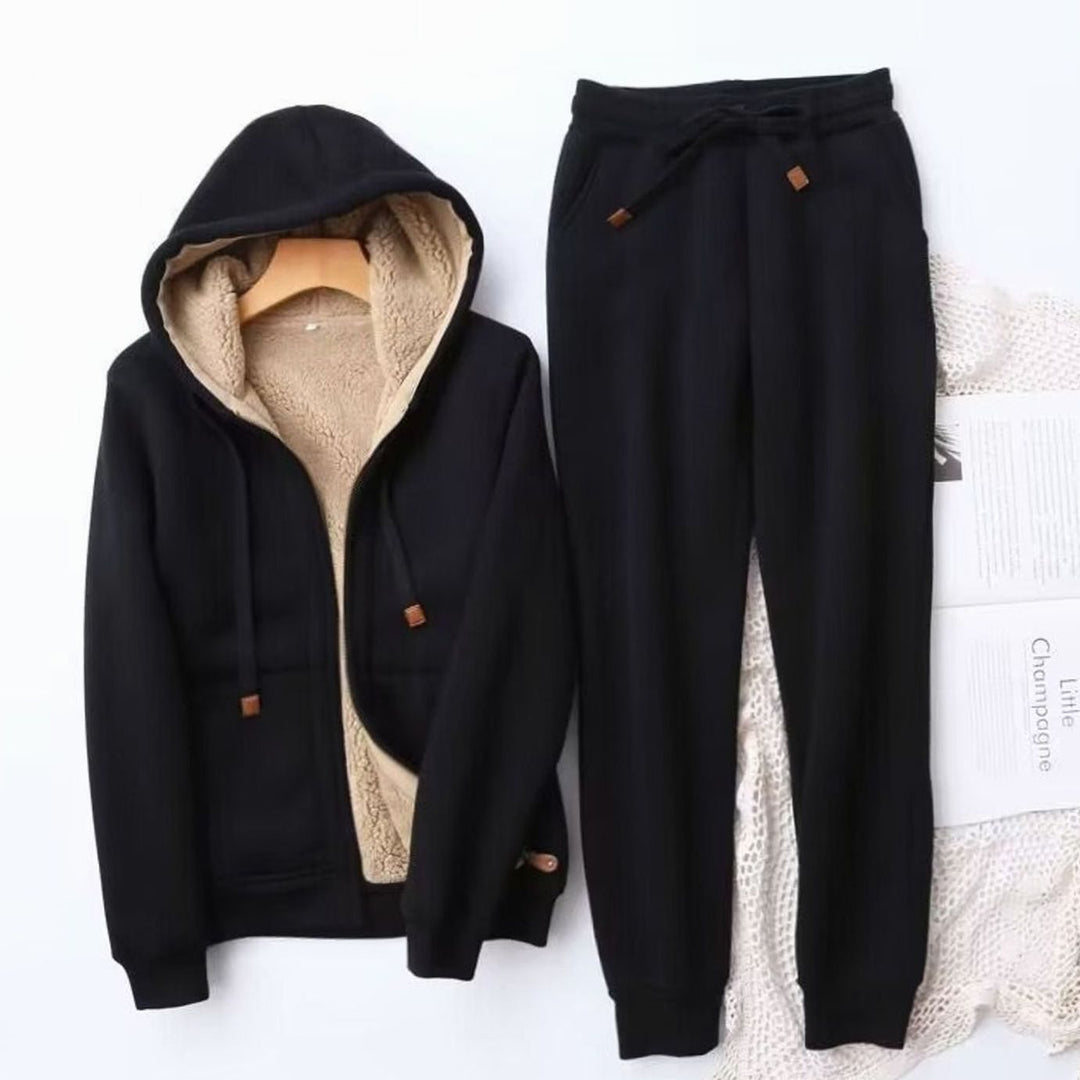 Women's Fleece-Lined Winter Hoodie Jogger Set Sherpa Zip-Up - Black