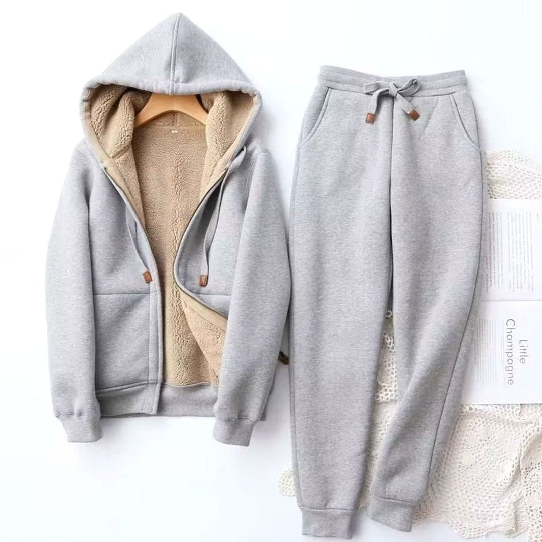 Women's Fleece-Lined Winter Hoodie Jogger Set Sherpa Zip-Up - Gray