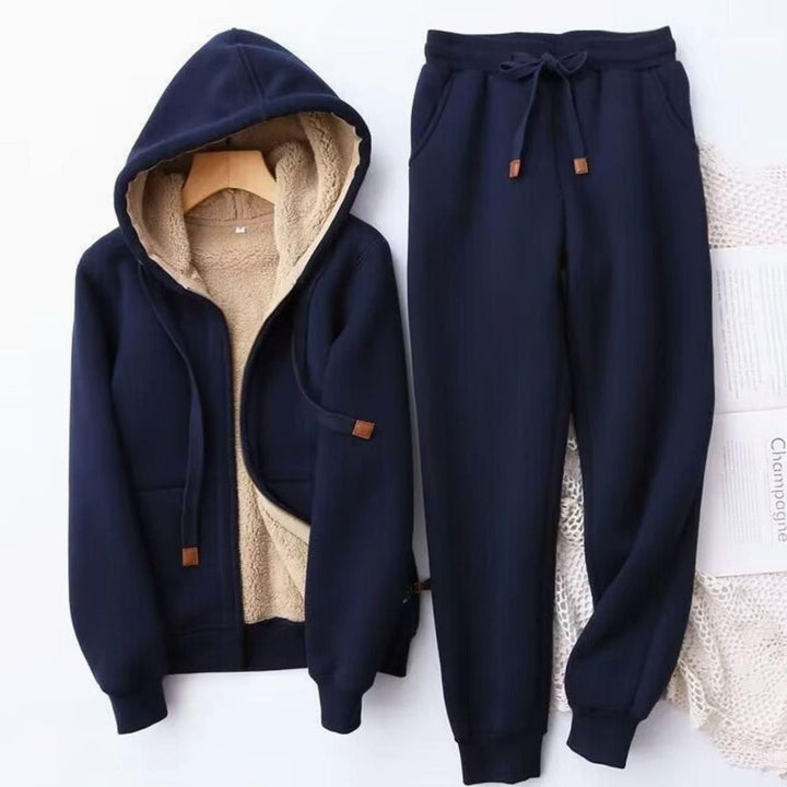 Women's Fleece-Lined Winter Hoodie Jogger Set Sherpa Zip-Up - Blue