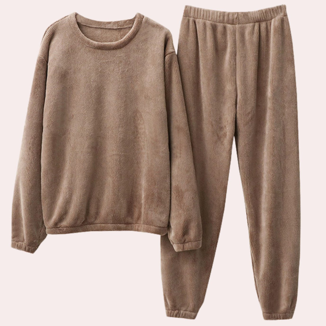 Women's Fleece Two-Piece Relaxed-Fit Lounge Outfit Set - Brown