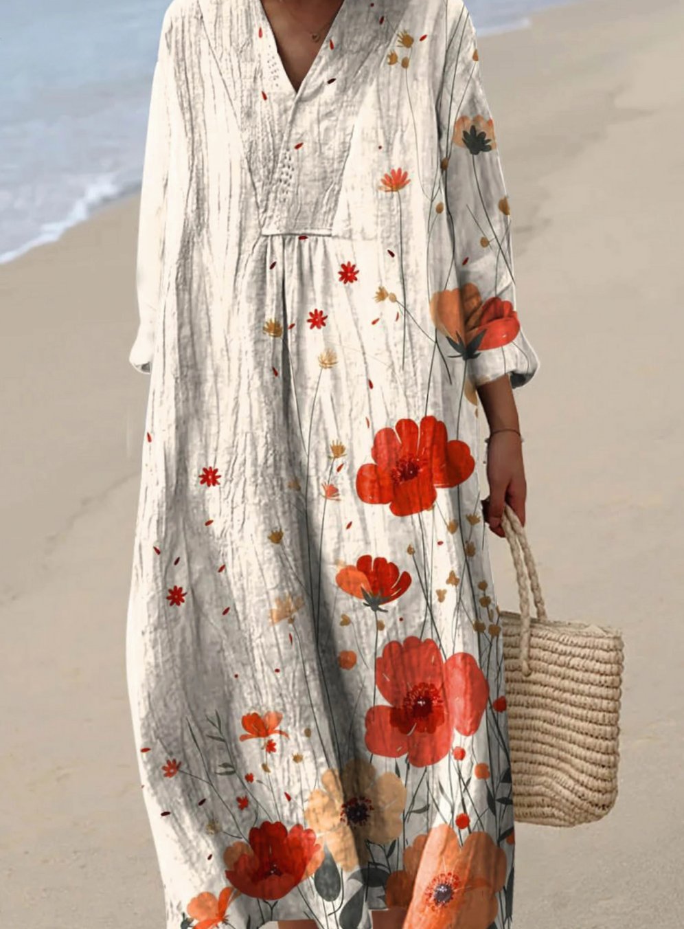 Women's Floral Art Print Long Sleeve Midi Fall Dress - Multicolor