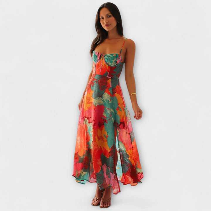 Women's Floral Bustier Spaghetti Strap Maxi Dress
