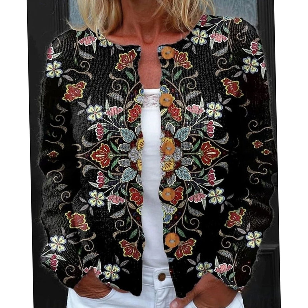 Women's Floral Button-Front Long Sleeve Knit Cardigan - Black
