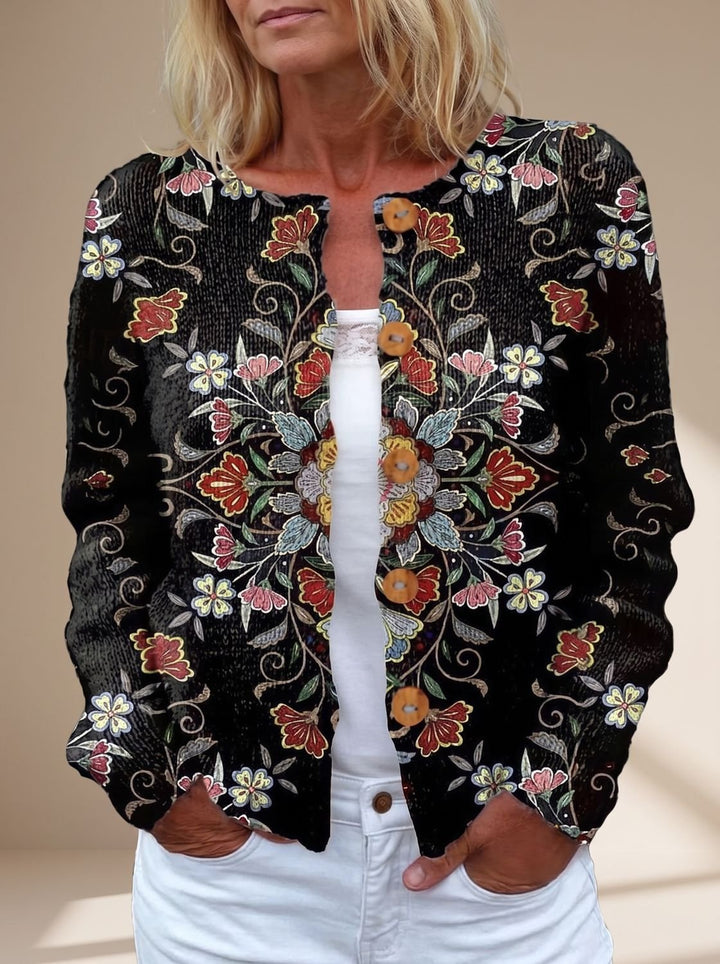 Women's Floral Button-Front Long-Sleeve Knit Cardigan - Black