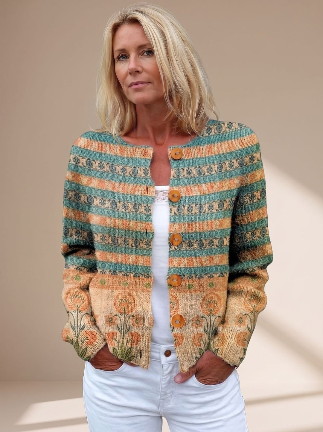 Women's Floral Button-Front Long-Sleeve Knit Cardigan - Green